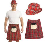 Costume écossais Highland pour adulte - Kilt écossais rouge 2 pièces avec pochette zippée en fausse fourrure et chapeau Fedora - Déguisement classique de la Saint-André et patrimoine