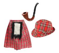 Costume écossais Highland pour adulte - Kilt écossais rouge 3 pièces avec pochette en fausse fourrure zippée, chapeau Fedora et pipe en plastique - Déguisement classique de la Saint-André et