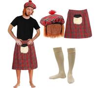 Costume écossais pour adulte - Chapeau écossais Tam O' Shanter avec cheveux oranges, kilt assorti et chaussettes crème - Déguisement pour homme Burns Night Scotland