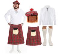 Costume écossais pour adulte - Taille S - Chemise à lacets blanche, kilt tartan rouge avec sporran attaché, chapeau tartan Tam O Shanter et chaussettes de kilt crème - Costume de St Andrews Night