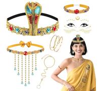 Costume égyptien 6 pièces pour femme, kit de déguisement de Cléopâtre avec coiffe cobra, brassard serpent, collier à pompons, bracelet en pierres précieuses, tatouages de bagues, tenue de fête vintage
