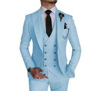 Costume élégant 3 pièces pour Homme Ensemble de Bal de Mariage à Double Boutonnage 1 Boucle Veste Gilet Pantalon Ensemble Formel (Bleu Clair,Grand)