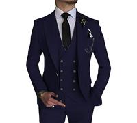 Costume élégant 3 pièces pour Homme Ensemble de Bal de Mariage à Double Boutonnage 1 Boucle Veste Gilet Pantalon Ensemble Formel (Bleu Marine,Grand)