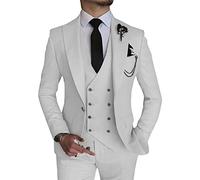 Costume élégant 3 pièces pour Homme Ensemble de Bal de Mariage à Double Boutonnage 1 Boucle Veste Gilet Pantalon Ensemble Formel (Blanc,Grand)