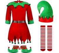 Costume Elfe de Noël pour Femmes Hommes Enfants Déguisement de Lutin de Noel Fille Ensemble de Elfes Kit de Jupes Elfe Complet Costume Vêtementsde Fête Drôle Cosplay Vêtement Family Jeu de Rôle Adulte