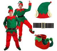 COSTUME ELFE DÉGUISEMENT DE NOËL POUR ADULTES ELFE EFFRONTÉ - TUNIQUE VERT + PANTALON ROUGE + CEINTURE NOIRE + CHAPEAU AVEC OREILLES ET POMPON + CHAUSSURES ELF DELUXE AVEC POMPONS (XX-GRAND)