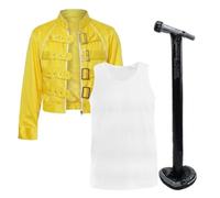 Costume emblématique rock star jaune des années 80 - Veste classique à boucle, gilet blanc et pied de microphone gonflable de 1,2 m - Tenue de légende des années 80 - Déguisement pour adultes