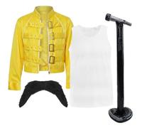 Costume emblématique rock star jaune des années 80 - Veste classique à boucle, gilet blanc, moustache adhésive et support de microphone gonflable de 1,2 m - Costume de légende des années 80