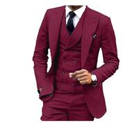 Costume en lin 3 pièces, blazer, gilet et pantalon, smoking ajusté for garçons d'honneur, robes de soirée élégantes, style rétro avec col V Pour Bal De Fin D'AnnéE, FêTe, Affaires, Mariage(Burgundy,L)