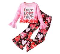 Costume Enfant Fille 4-7 Ans Automne Et Hiver Ensemble Enfant Fille Mignon Chic Lettre Amour ImpriméE Costume Pantalon à Manches Longues Pantalon à Pattes D'éLéPhant La Mode (Red, 4-5 Ans)