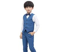 Costume Enfant Garçon Tuxedo Suit Chemise +Gilet +Pantalons Longs+Nœud Papillon 4 Pièces Ensemble pour Cérémonie Anniversaire Soirée Ensemble de Pantalon de Costume Bleu 15-16 Ans