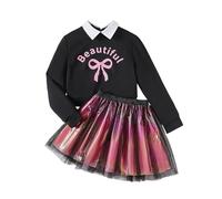 Costume Enfant Halloween Fille 7-12 Ans Automne Et Hiver Ensemble Enfant Fille Fashion Impression Lettres Arc Ample DéContracté Tailleur Jupe à Manches Longues Mousseline Soie (Black, 10-11 Ans)