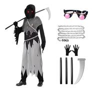 Costume Faucheuse Halloween Enfant, Deguisement Faucheuse Enfant, Costume de Cri Noir Avec Faucille Incluse, Gants, Lunettes, Cape avec Capuche et Chaîne en Métal pour La Fête d'Halloween, Cosplay (S)