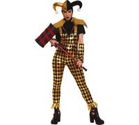 Costume féminin d'Halloween de psychoclown à carreaux noir et or
