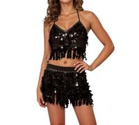 Costume Femme Carnaval Jupe À Paillettes Femme - Portefeuille Superposée À Franges Et Sequins pour La Danse du Ventre Et Les Exercices Latins avec Ceinture Élastique Et Fente (Black One Size)