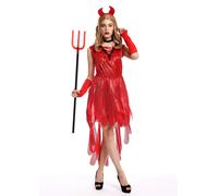 Costume Femme Halloween Carnaval Démonne Sorcière Avec Cornes Robe Rouge S