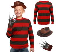 Costume Freddy 3 pièces pour enfants : pull, chapeau, gant de griffe, Krueger à rayures rouges et vertes, déguisement d'Halloween et de costumade pour garçons et filles de 3 à 14 ans