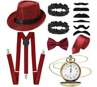 Costume Gatsby 13 pièces pour homme, kit d'accessoires des années 20 avec chapeau, bretelles, montre de poche, nœud papillon, barbe, poignets, cravate pour adultes et fêtes sur le thème d'Halloween