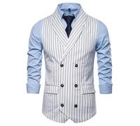 Costume Gilet Homme Slim Fit Stripes Basic Gilet Homme Printemps Automne Revers Business Gilet Homme Sans Manches Double Poitrine Travail Gilet Homme B-White M