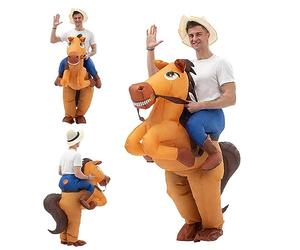 Costume gonflable Cowboy adulte Costume de cheval drôle de dessin de cheval portable costume de soufflage résistant à la déchirure avec souffleur d'air pour hommes femmes Halloween (pas de batterie)