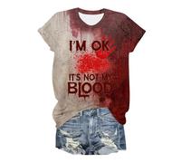 Costume Halloween Adulte Sanglante Tee Shirt Sanglant Col en V Manches Courtes éClaboussures De Sang Blood Imprimé ProblèMe Sanglant RéSolu DrôLes Bloody Horreur Rétro Loose Haut