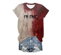 Costume Halloween Adulte Sanglante Tee Shirt Sanglant Col en V Manches Courtes éClaboussures De Sang Blood Imprimé ProblèMe Sanglant RéSolu DrôLes Bloody Horreur Rétro Loose Haut