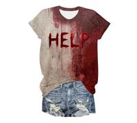 Costume Halloween Adulte Sanglante- Tee Shirt Sanglant Col en V Manches Courtes éClaboussures De Sang Blood Imprimé ProblèMe Sanglant RéSolu DrôLes Bloody Horreur Causal Loose Haut