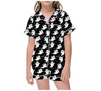 Costume Halloween Enfant Fille,Ensemble Pyjama pour Enfants Loisirs Halloween imprimé col boutonné Manches Courtes Haut et Short pour Les Nuits Douces (Black, 4-5 Years)