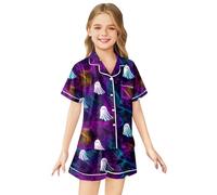 Costume Halloween Enfant Fille,Pyjama à Manches Courtes en Fausse Soie pour Fille imprimé Halloween - Deux à Treize Ans - Vêtements de Nuit pour Enfants (Dark Purple, 4-5 Years)