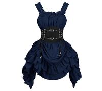 Costume Halloween Femme Deguisement Médiévale - Sans Manches et Cravate, Cosplay Carnaval Victorien Gothique, Robe pour Renaissance Scène Costume Adulte Parti , Marine, XL