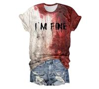 Costume Halloween Femme Imprimé Lettres- T-Shirts à Manches Courtes Col Rond Classiques Horreur Coupe Slim Sang Haut Chic Décontracté Confortable Bloody Top Polyvalent Carnaval Blood Streetwear