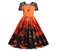 Costume Halloween Femme Manches Courtes, Robe De Soirée Femme Imprimé Citrouille Dentelle Swing A-Line Reine Rockabilly Pin Up Années 50 Gothique Déguisement Cosplay Tenue À Thème Sport Glamour
