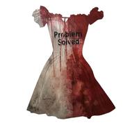 Costume Halloween Femme, Mini Robe Femme Sanglant à Manches Courtes Bouffantes ÉPaules DéNudéEs A-Ligne Courte Robes Chic Et Elegant Imprimé éClaboussures De Sang Bloody Horreur Blood Deguisement