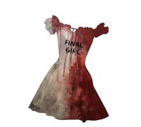 Costume Halloween Femme, Mini Robe Femme Sanglant à Manches Courtes Bouffantes ÉPaules DéNudéEs A-Ligne Courte Robes Chic Et Elegant Imprimé éClaboussures De Sang Bloody Horreur Blood Deguisement