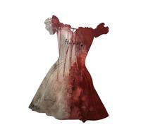 Costume Halloween Femme- Mini Robe Sanglant à Manches Courtes Bouffantes ÉPaules DéNudéEs A-Ligne Courte Robes Rétro Elegant Imprimé éClaboussures De Sang Bloody Horreur Blood Deguisement