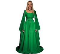 Costume Halloween Femme Robe Médiévale Renaissance - Deguisement Reine Gothique Manches Longues Brodées en Dentelle Victorienne Cosplay Carnaval Toussaint Fête Drame , Vert foncé, XL