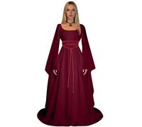 Costume Halloween Femme Robe Médiévale Renaissance - Deguisement Reine Gothique Manches Longues Brodées en Dentelle Victorienne Cosplay Carnaval Toussaint Fête Drame , Bordeaux, S