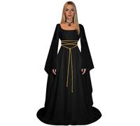 Costume Halloween Femme Robe Médiévale Renaissance - Deguisement Reine Gothique Manches Longues Brodées en Dentelle Victorienne Cosplay Carnaval Toussaint Fête Drame , Noir, M