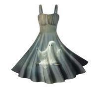 Costume Halloween Femme sans Manche, Robe De Soirée Femme A-Ligne Imprimé Dress Swing Taille Haute Trapèze Pin-Up Toussaint Déguisement De Cocktail Chic Et Elegant Bal Fête Party Carnavals Sport