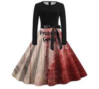 Costume Halloween Femme Sexy Robe Vintage Rockabilly, DéGuisement Adulte SorcièRe CrâNe Imprimé Robe AnnéE 71S Pin-Up Swing à Pois SoiréE Chic Midi à Manches Longues