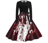 Costume Halloween Femme Sexy Robe Vintage Rockabilly, DéGuisement Adulte SorcièRe CrâNe Imprimé Robe AnnéE 70S Pin-Up Swing à Pois SoiréE Chic Midi à Manches Longues