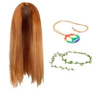 Costume hippie adulte - Longue perruque marron, collier de paix arc-en-ciel et couronne de fleurs vertes - Kit d'accessoires de déguisement des années 60 et 70