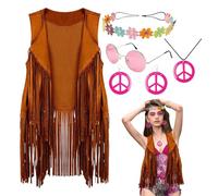 Costume hippie des années 60 et 70 pour femme avec pompons, gilet, lunettes de soleil, collier, boucles d'oreilles, tenue disco pour Halloween, carnaval