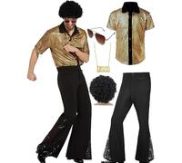 Costume Hippie Disco Homme - 5 Pièces Complet (Perruque Afro, Collier, Lunettes) - Déguisement Années 80 90, Fête Rétro - Accessoires Funky Inclus