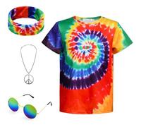 Costume hippie pour enfant des années 70 60 - Cravate colorée - T-shirt coloré - 4 pièces - Ensemble d'accessoires pour enfants, Multicolore/arc-en-ciel, 6-8 años