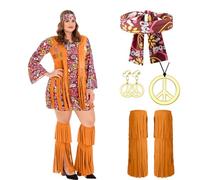 Costume Hippie pour Femme, Deguisement Hippie Robe Année 70, Robe Hippie pour Femme avec Accessoires, Costume des Années 70 et 60, Deguisement Disco Femme pour Carnaval Halloween Mascarade (XXXL)