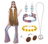 Costume hippie pour femme - Gilet à franges rétro avec pantalon, lunettes de soleil, bandeau, bandeau, accessoires de costume disco des années 60 et 70 pour carnaval (taille M)