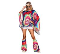 Costume Hippie Pour Femme, Set de 8 Ensemble de Costume Hippie Des Années 70, Deguisement Hippies Avec Cape, 2pcs Surbottes, Lunettes De Soleil, 2 Bandeaux, Boucles d'Oreilles, Collier, Bracelet