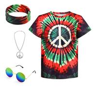 Costume hippie pour garçon années 60, années 70, cravate, tee-shirt, 4 pièces, ensemble d'accessoires pour enfants, Noir/vert, 9-10 ans
