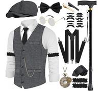 Costume Homme Année 20 Gilet avec Accessoire Bretelles, Béquilles Montre De Poche Barbe BéRet Lunettes Pince à Cravate 1920S Costume de Gangster Mafia pour Hommes, Cosplay de Carnaval d'Halloween